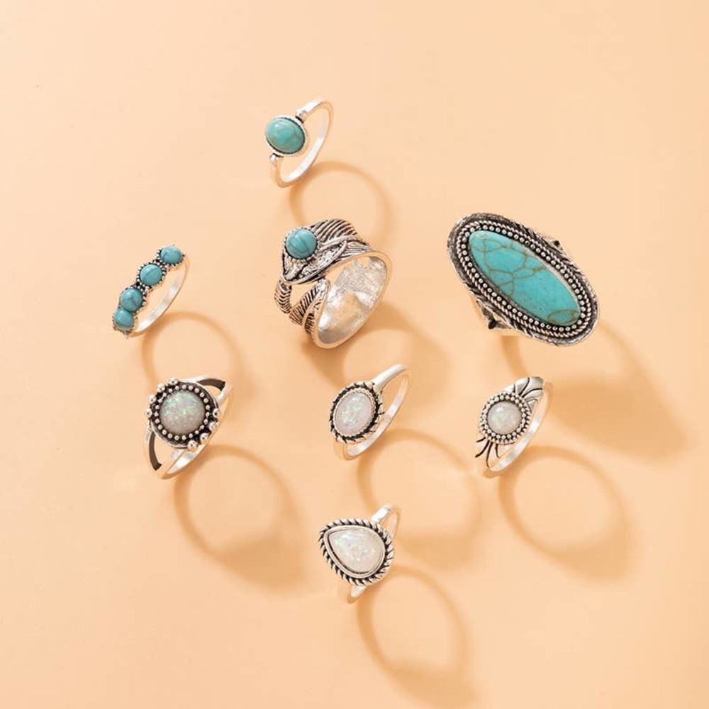 Geometric Ethnic Style Alloy Sausage Turquoise Women Rings 8 Pieces - Picture 5 of 8